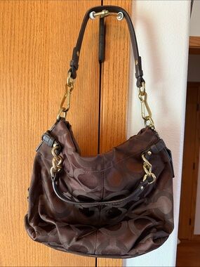 Coach Signature Op Art Hobo Handbag, Brown